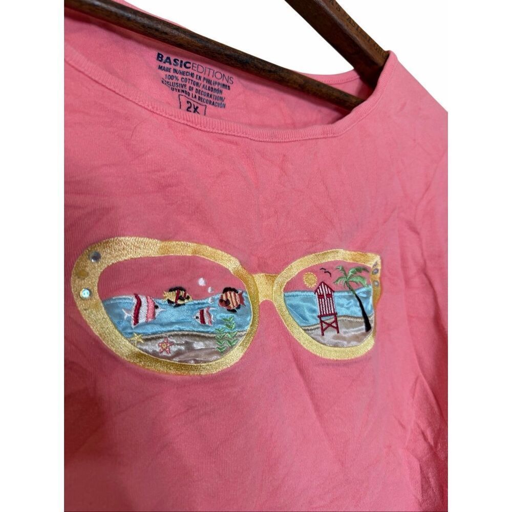 Basic Editions Embroidered Sunglasses Beach Short Sleeve T-Shirt Pink Size 2X - Picture 4 of 7